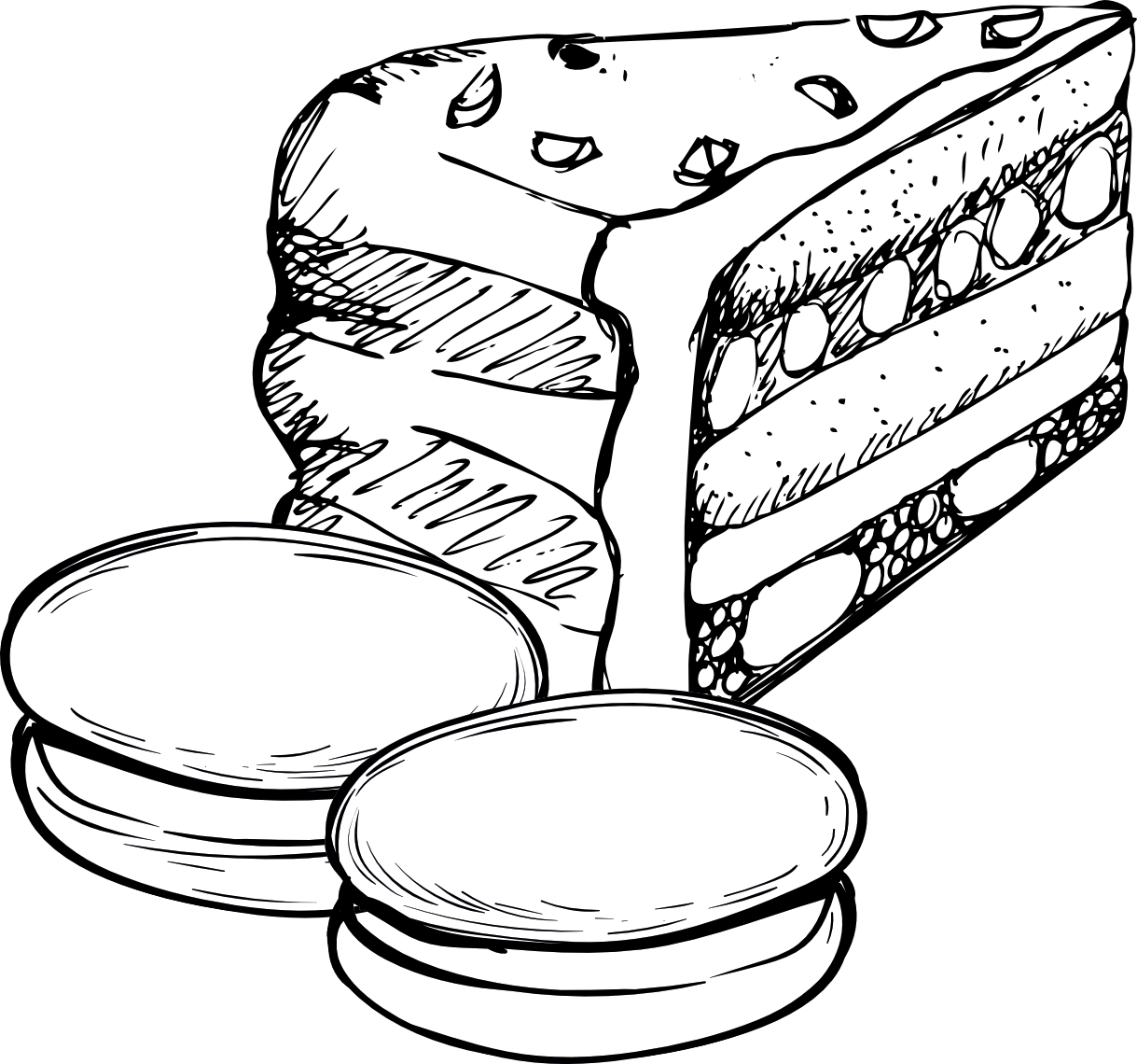 Illustration d'une part de gâteau à étages avec glaçage et deux macarons devant