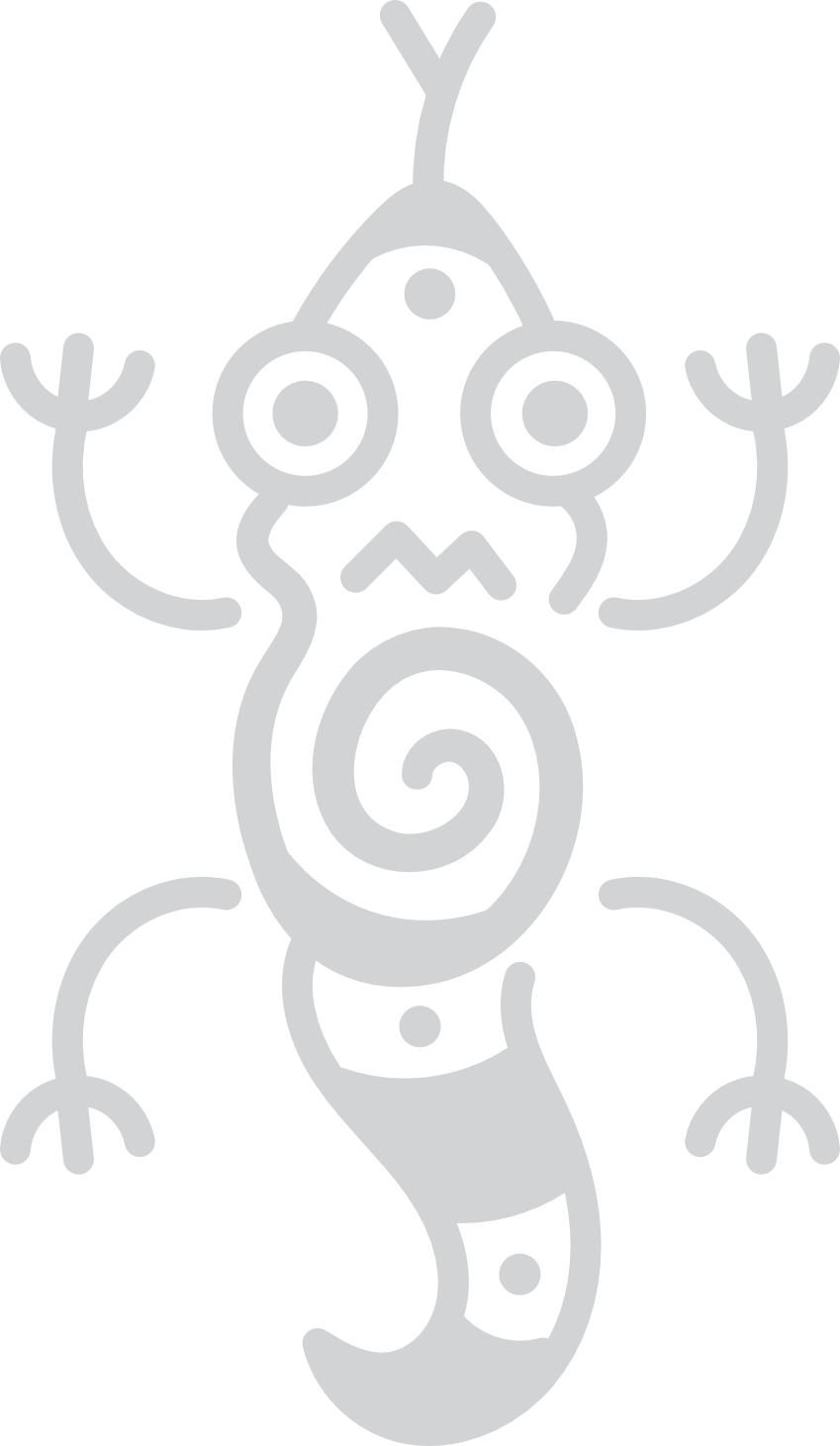 Extraterrestre gris de dessin animé avec un corps en spirale, de grands yeux et des bras levés sur fond blanc