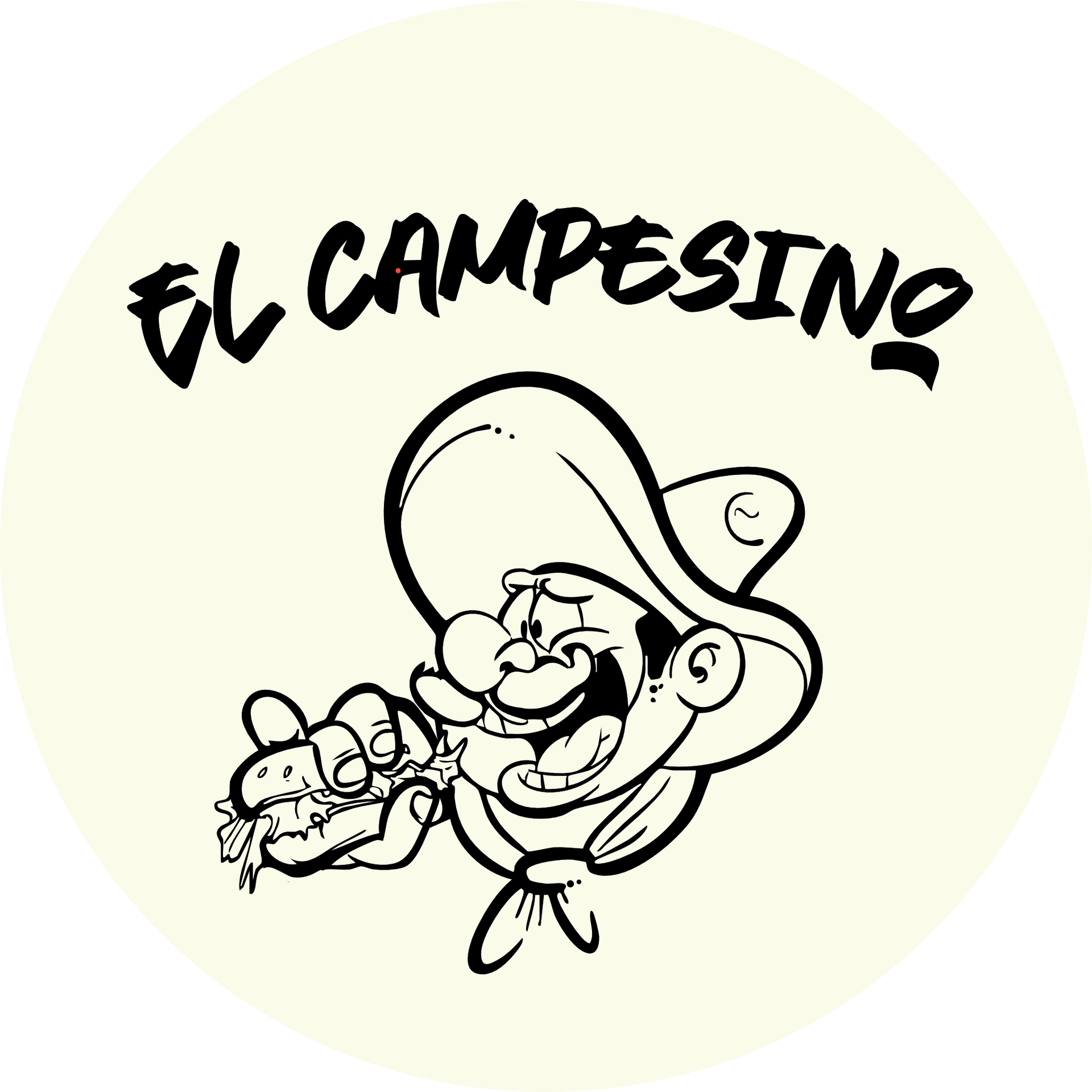 Logo avec un chef cuisinier dessiné et le texte manuscrit « El Campesino » sur un fond circulaire jaune pâle
