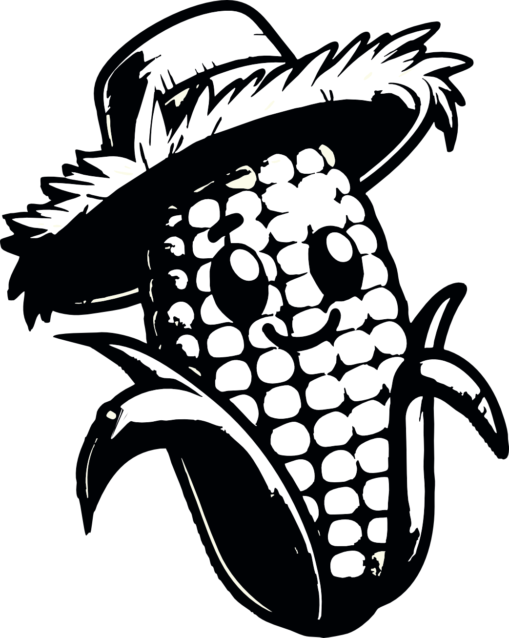 Épi de maïs de dessin animé en noir et blanc portant un chapeau de cow-boy et des bottes