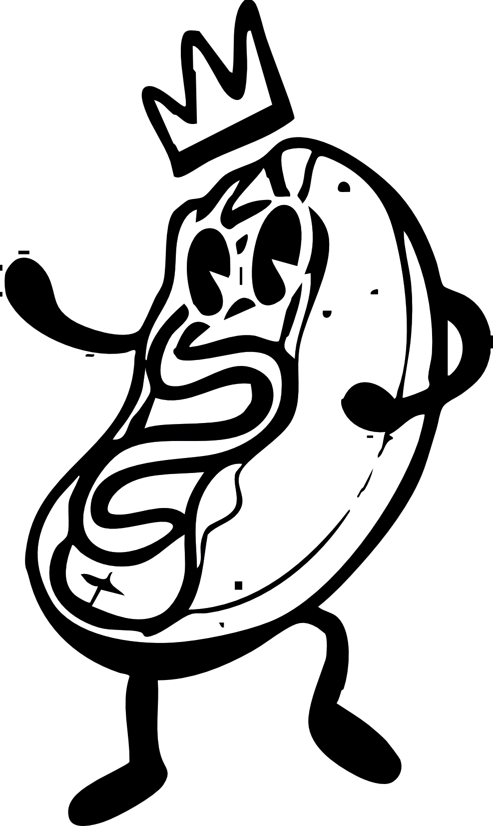 Un beignet de dessin animé avec des bras et des jambes, portant une couronne inclinée et faisant une grimace de colère.