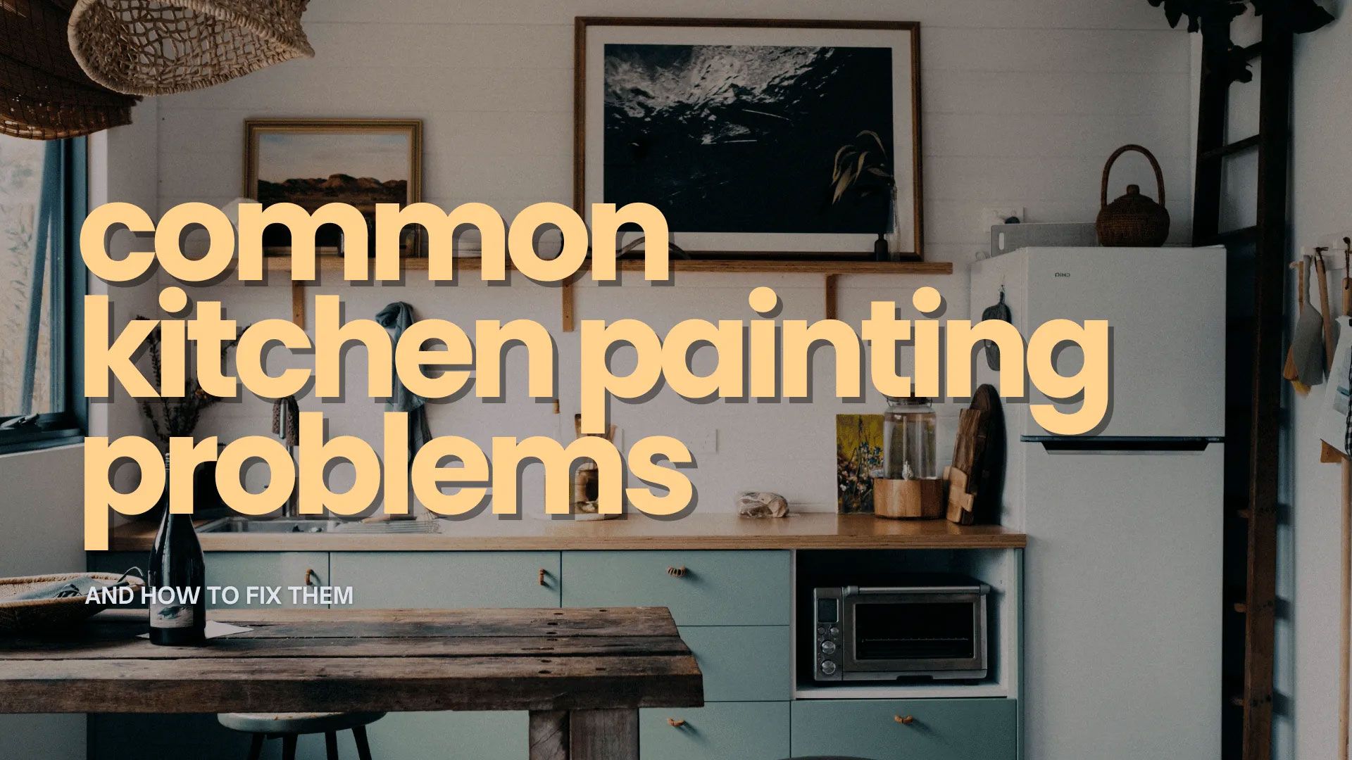 Kitchen interior with text:
