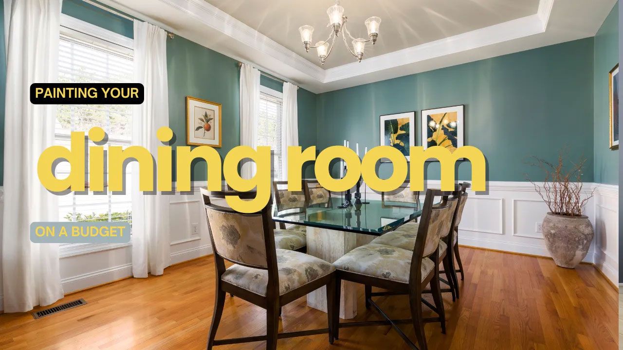 Dining room with teal walls, hardwood floors, and a glass table; text reads,