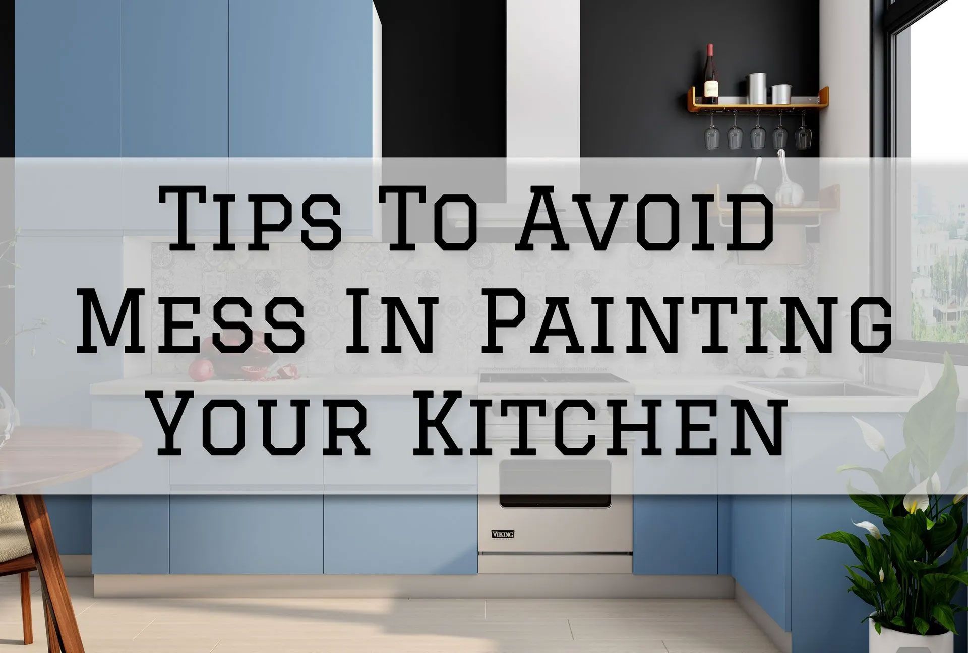 Kitchen with blue cabinets, white countertops, and text