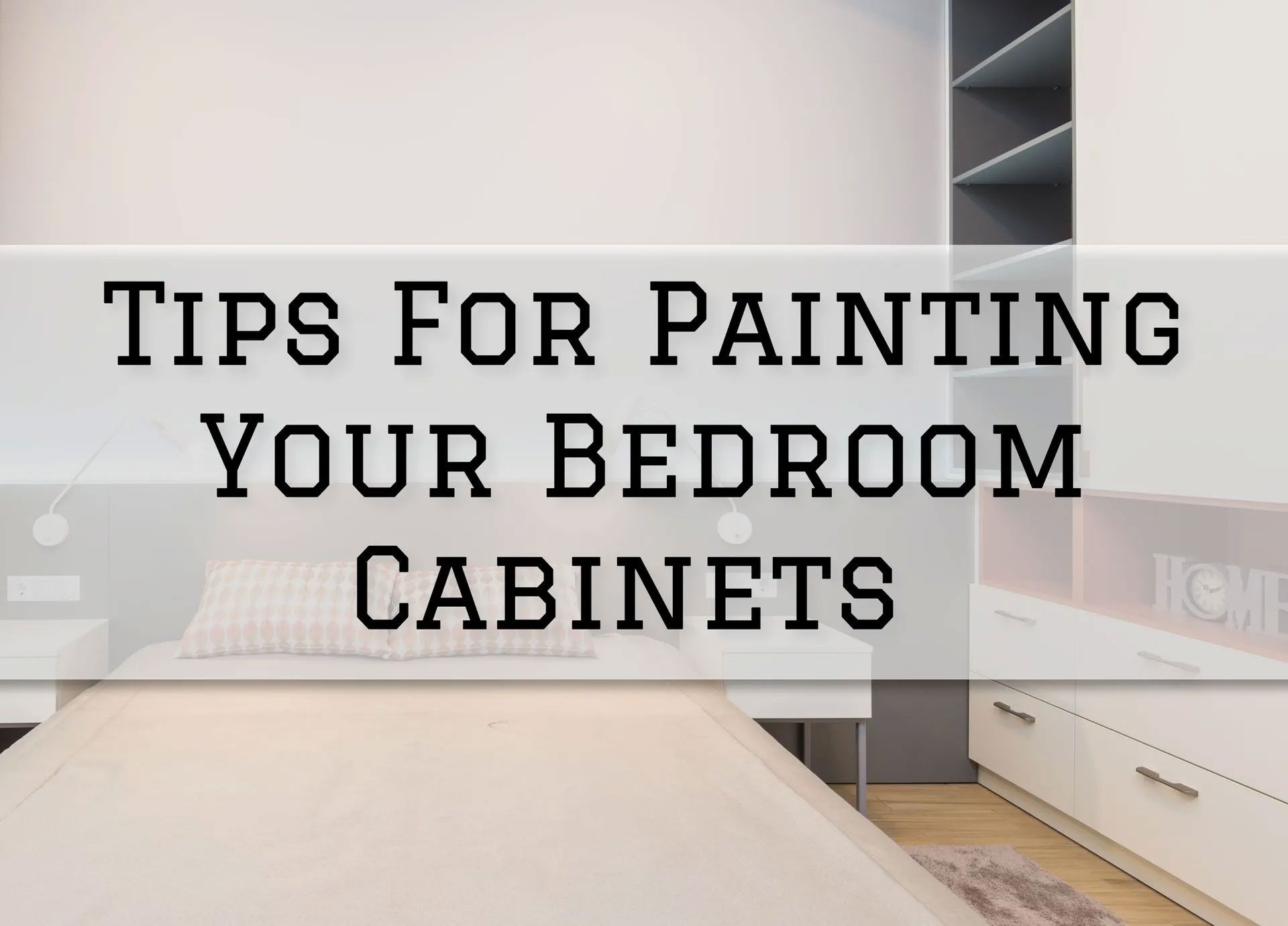 Bedroom with a bed and cabinets; text overlay reads,