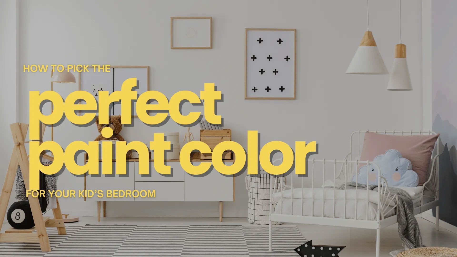 Bedroom with white walls, furniture, and colorful decor. Text overlays read