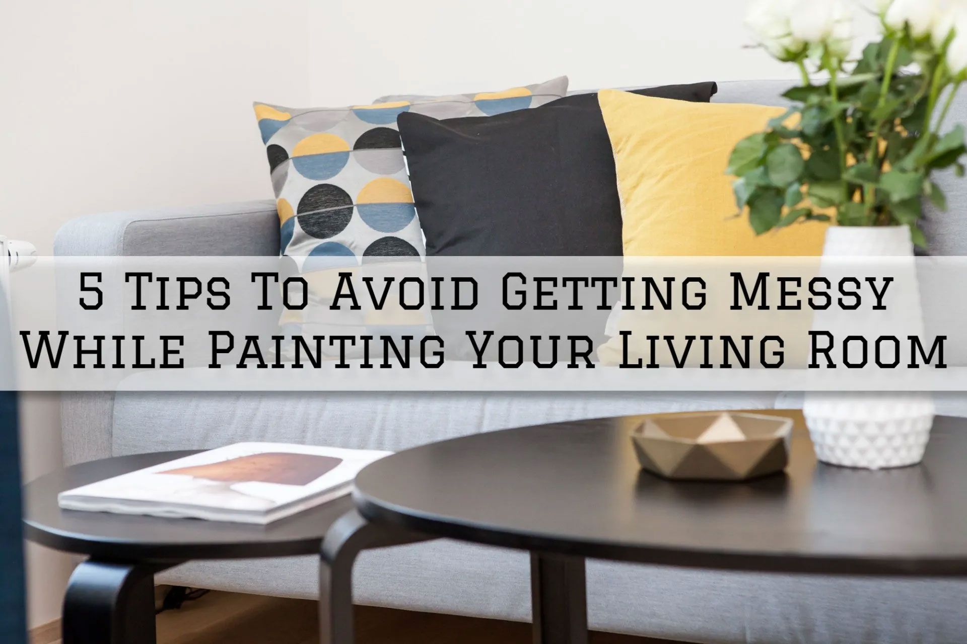Living room scene with text overlay: