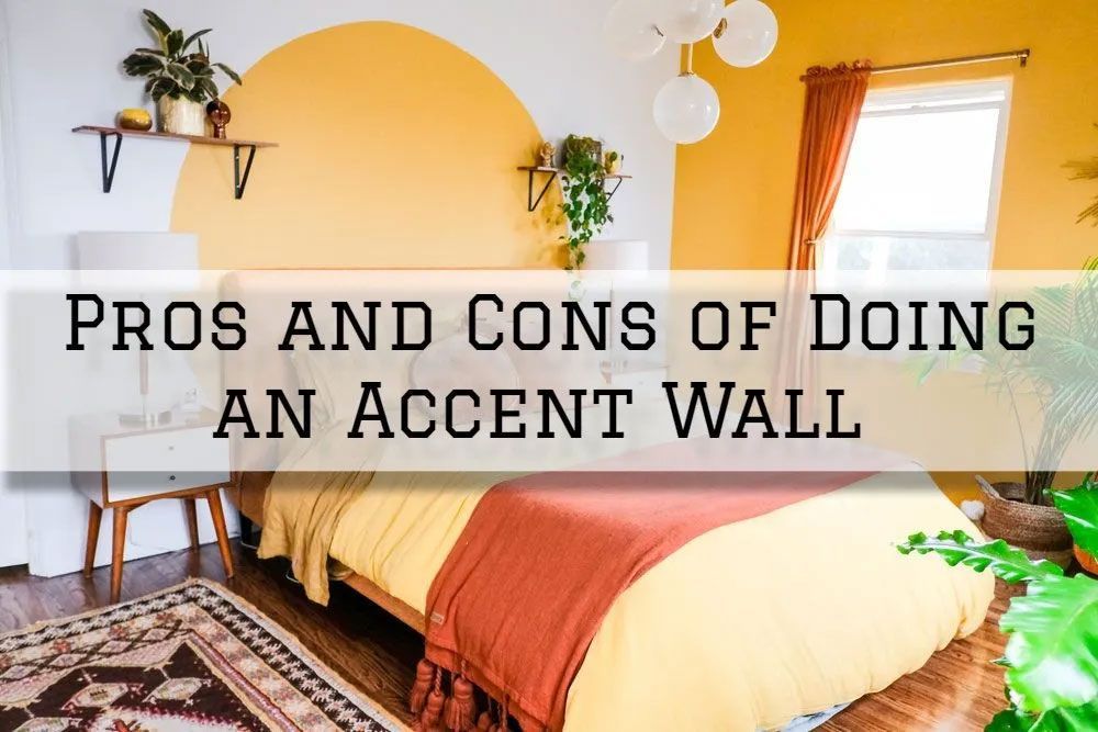 Bedroom with yellow accent wall. Bed, plants, and sunlight. Text: Pros and Cons of an Accent Wall.