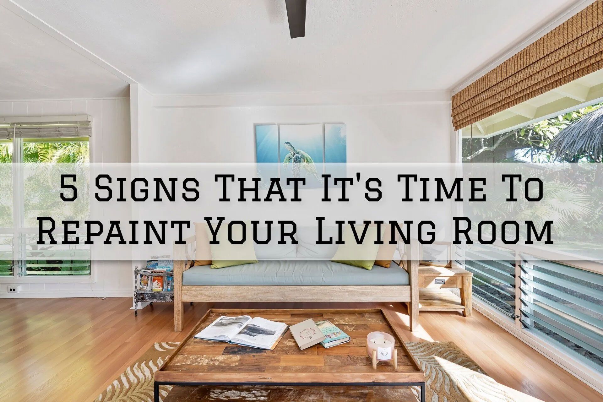 Living room with text overlay: