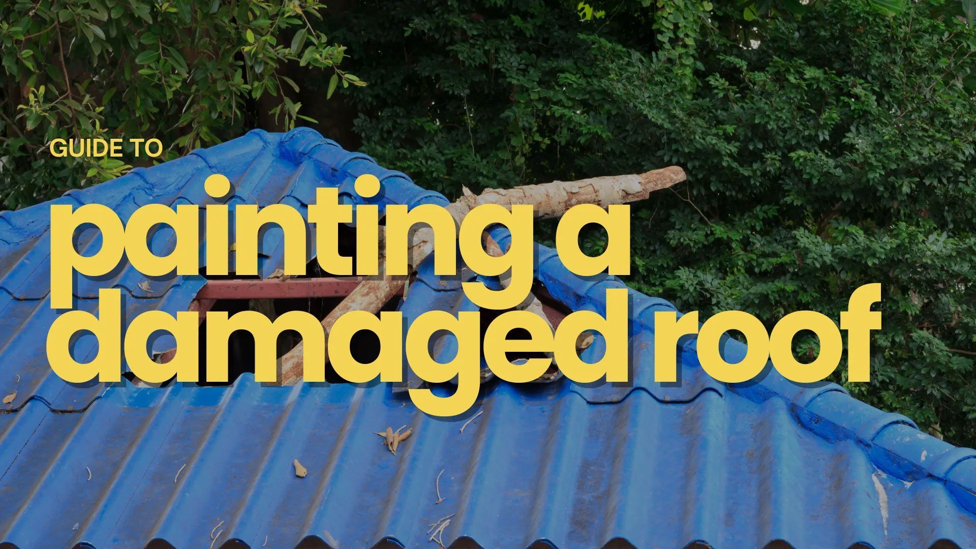 Guide to painting a damaged blue roof with a hole and tree backdrop.