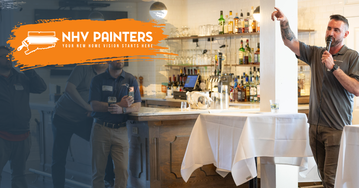 NHV Painters logo over a restaurant scene with workers painting a bar area and wall