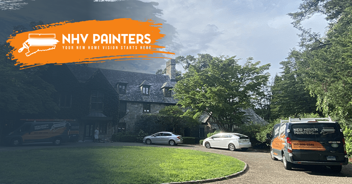 Driveway with white cars and a black van in front of a large house; NHV Painters logo overlay in orange.