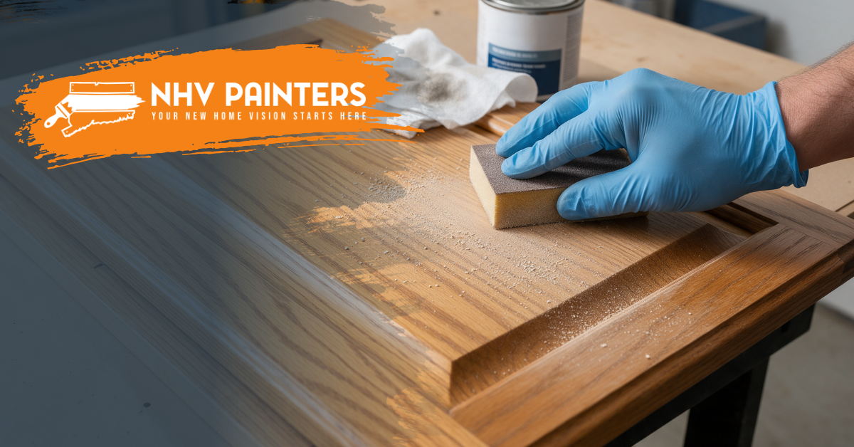 Gloved hand staining a wooden tabletop with a brush; “NHV Painters” logo in the corner.