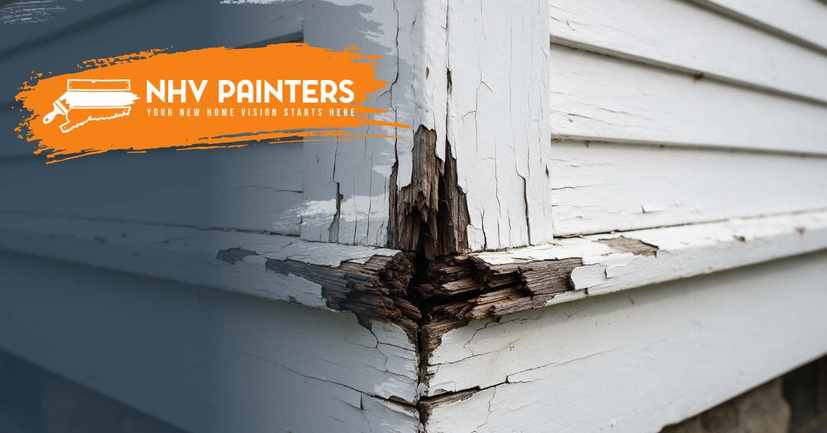 Peeling white house trim with severe wood rot at a corner seam, showing exterior damage repair need