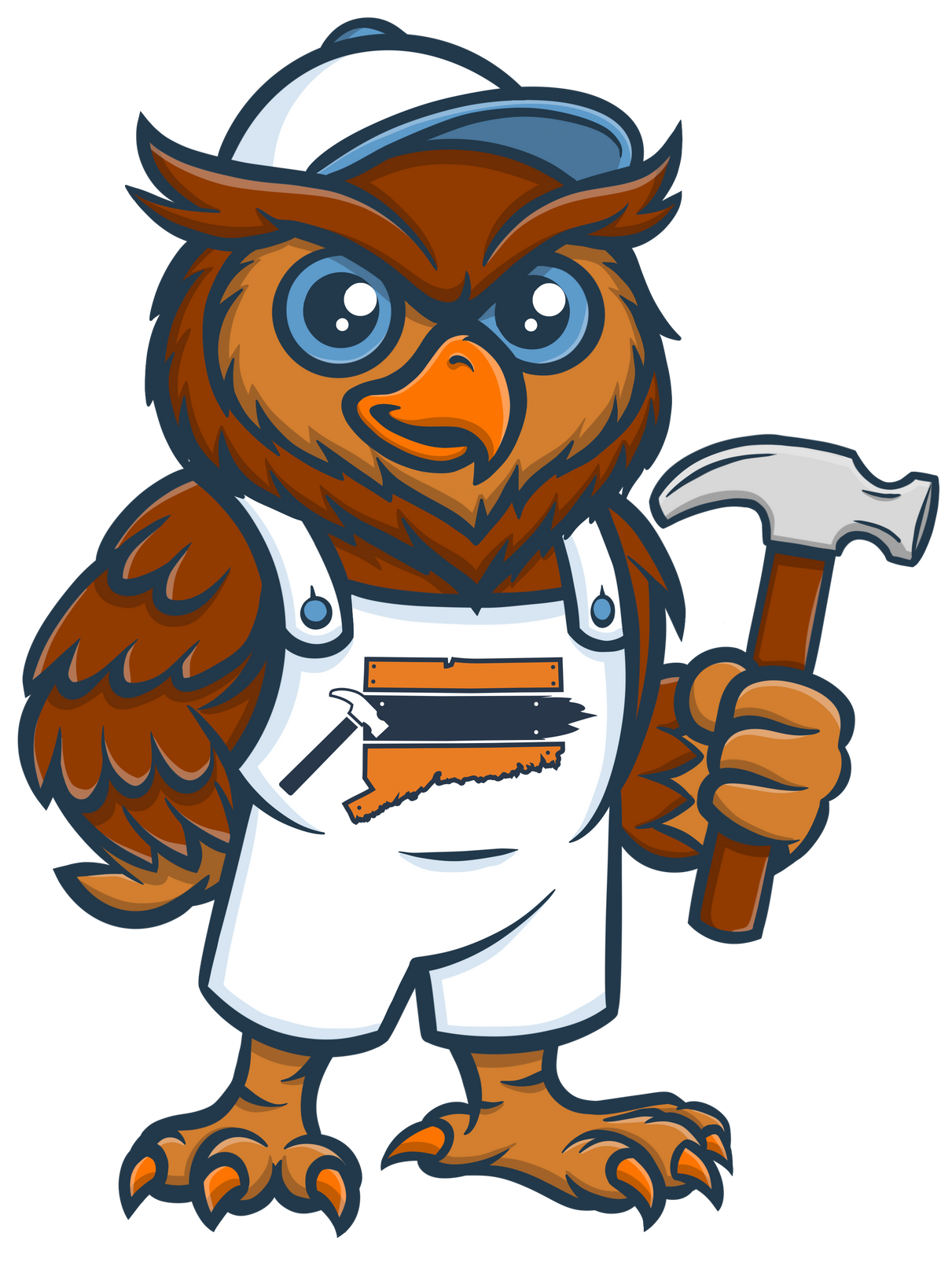 Cartoon orange owl in a white hard hat and apron, holding a hammer with a determined expression.