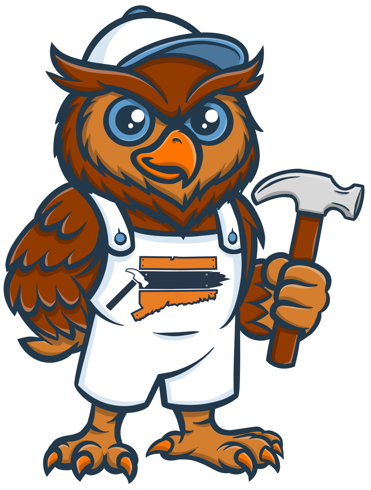 NHV  owl mascot in white overalls holding a hammer, with orange and brown feathers and big blue eyes.