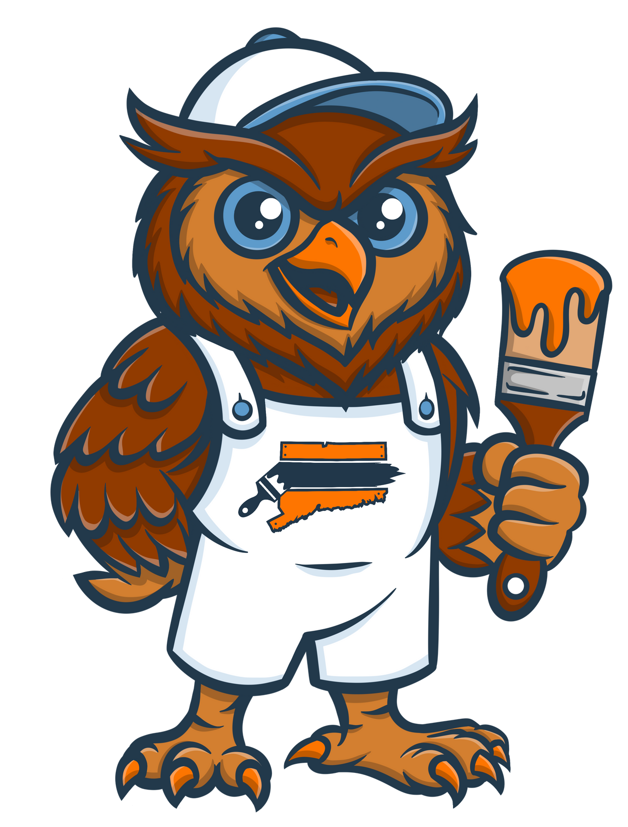 An owl wearing a painter's cap and overalls holding a paintbrush, with a paint stroke on the overalls representing the state of Connecticut.