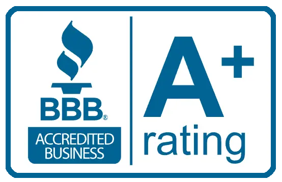 BBB Accredited Business logo. White text on blue background. Torch graphic.