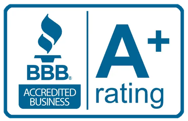 BBB Accredited Business logo. White text on blue background. Torch graphic.