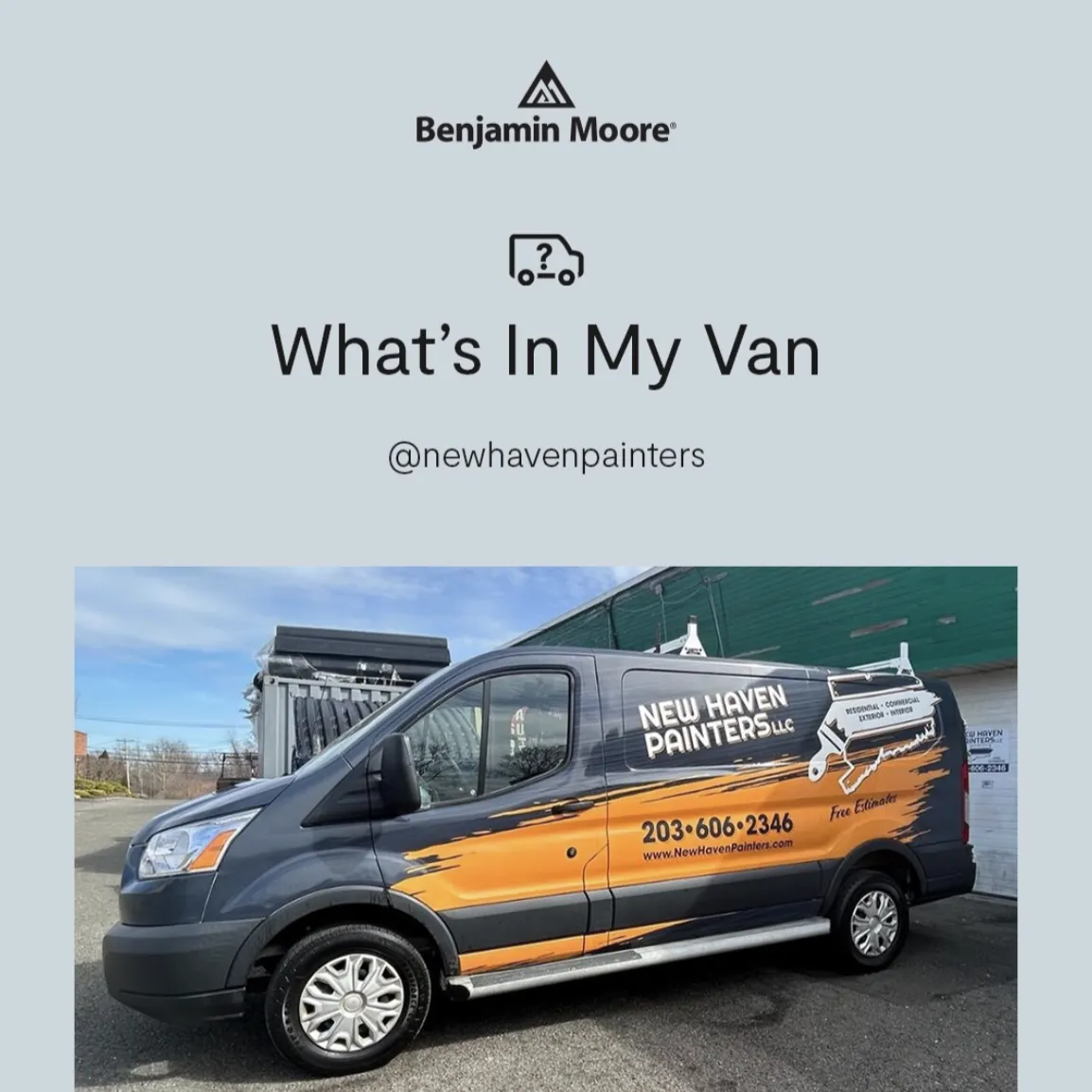 A New Haven Painters van with orange and white accents, parked outside a building.