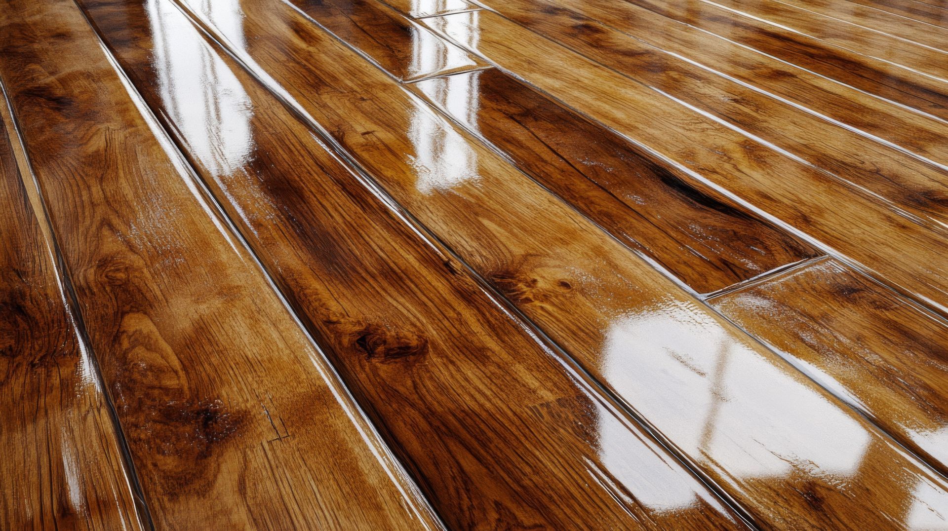 Glossy wood floor boards with reflections of nearby windows