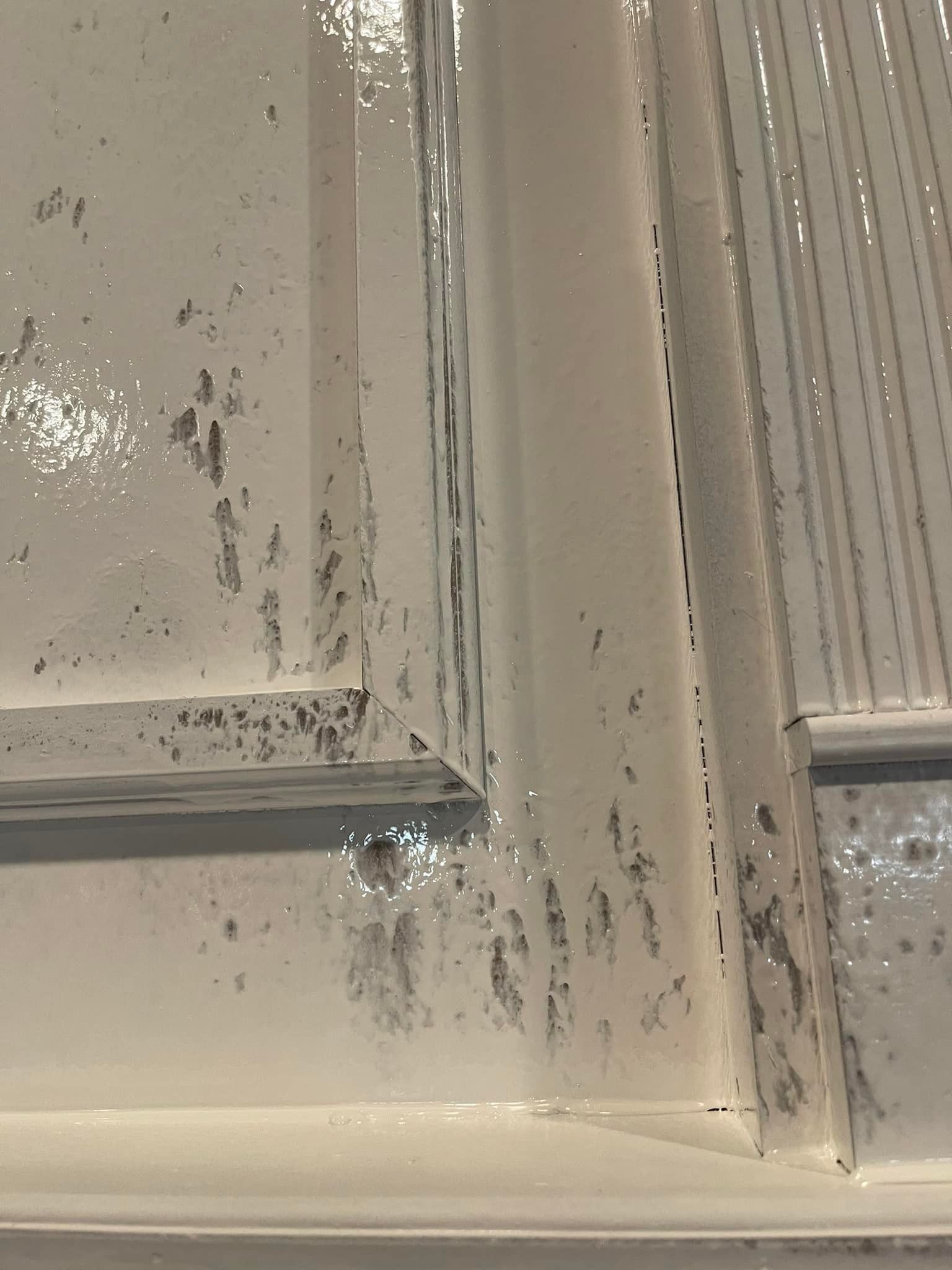 Close-up of a distressed, painted white cabinet door with chipped paint revealing dark wood underneath.