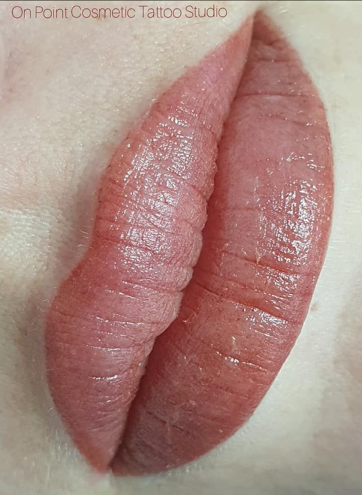 Close-up View of Freshly Tattooed Lips, Pinkish-red — On Point Cosmetic Tattoo Studio In Buderim, QLD
