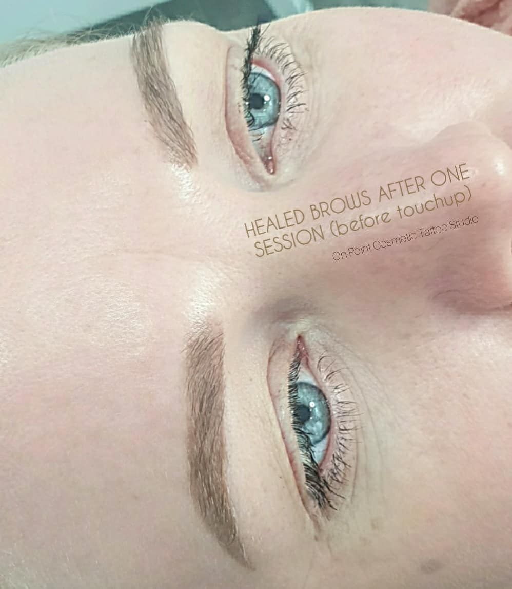 Close-up of a Person's Face With Healed Eyebrow Tattoos and Blue Eyes — On Point Cosmetic Tattoo Studio In Buderim, QLD