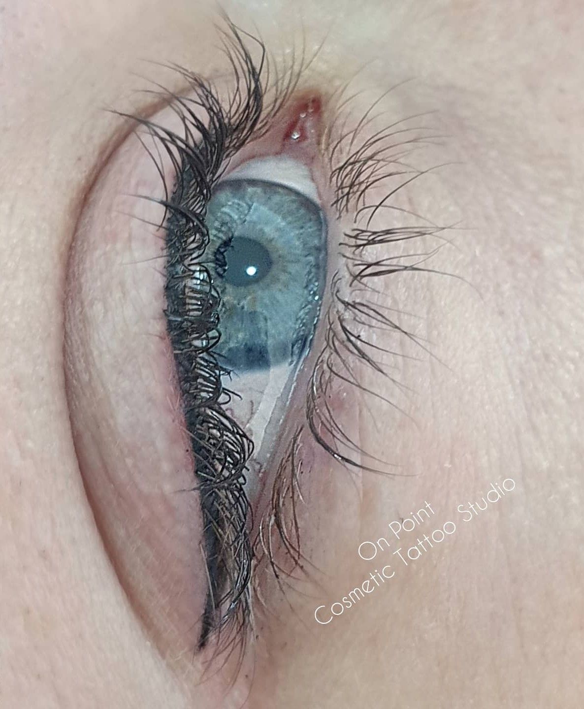 Close-up of a Person's Eye With Blue Iris, Eyeliner Tattoo, and Lashes — On Point Cosmetic Tattoo Studio In Buderim, QLD