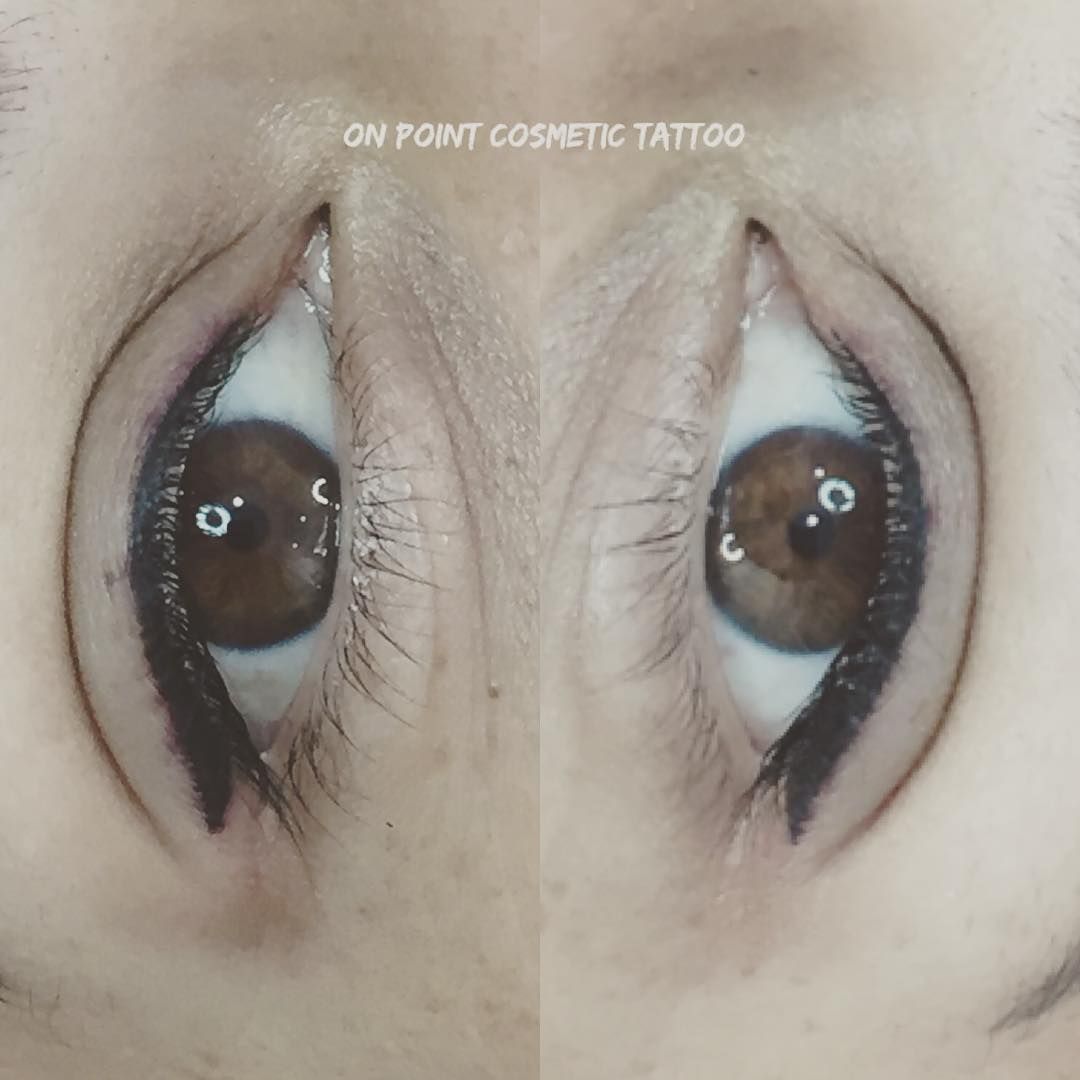 Close-up of Eyes With Permanent Eyeliner Tattoo. Brown Irises, Black Liner on Upper and Lower Eyelids — On Point Cosmetic Tattoo Studio In Buderim, QLD