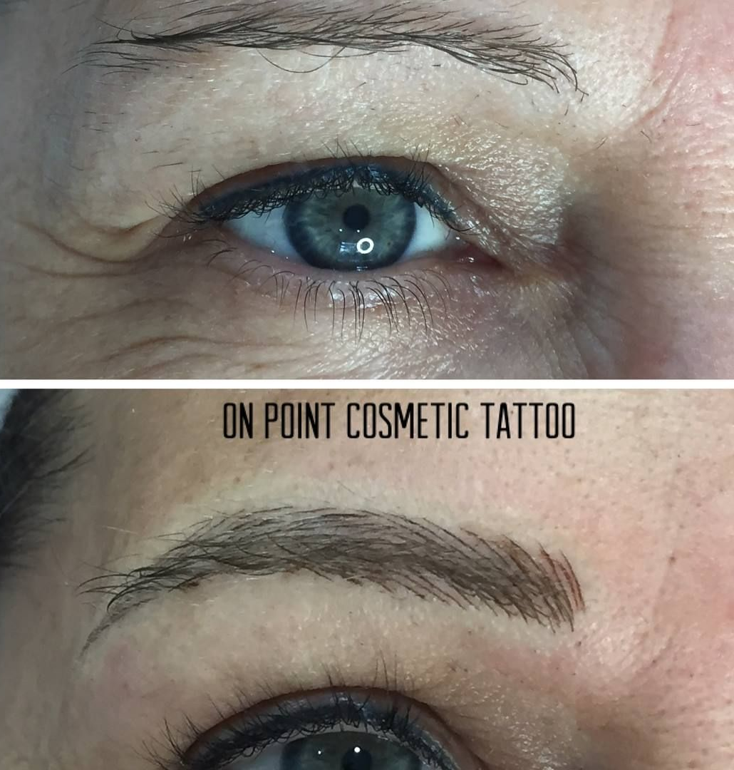 Before and After of Eye and Eyebrow Cosmetic Tattoos. Dark Brown Eyebrows and Eyeliner on Lower Image — On Point Cosmetic Tattoo Studio In Buderim, QLD