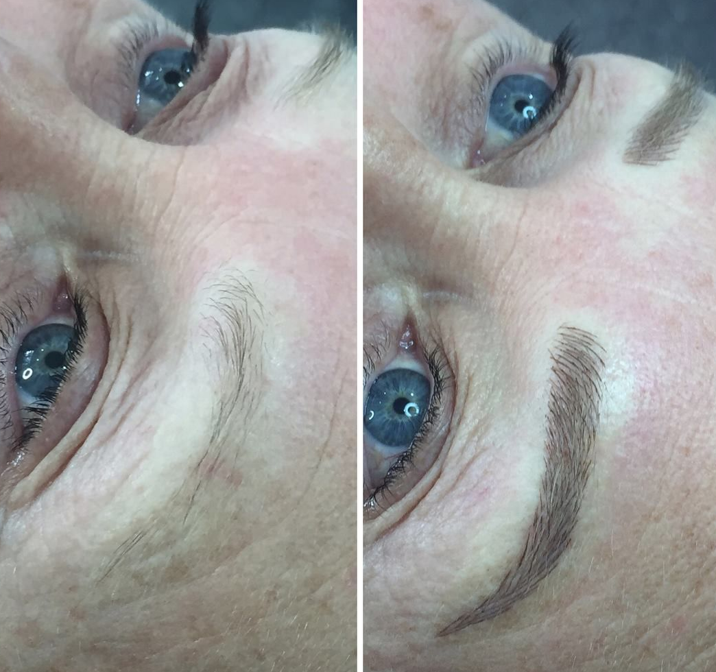 Before and After Photos of Eyebrow Tattooing on a Person With Blue Eyes. The Tattooed Brow is Brown and Shaped — On Point Cosmetic Tattoo Studio In Buderim, QLD