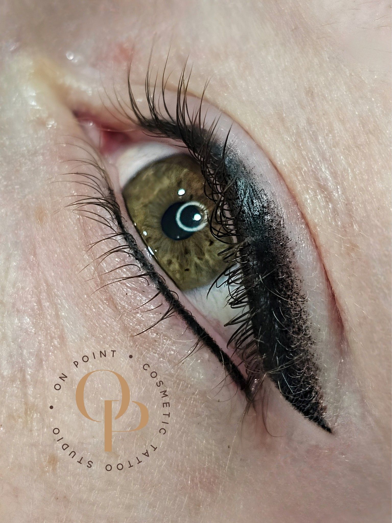 Eye With Eyeliner Tattoo; Olive Iris, Dark Lashes — On Point Cosmetic Tattoo Studio In Buderim, QLD