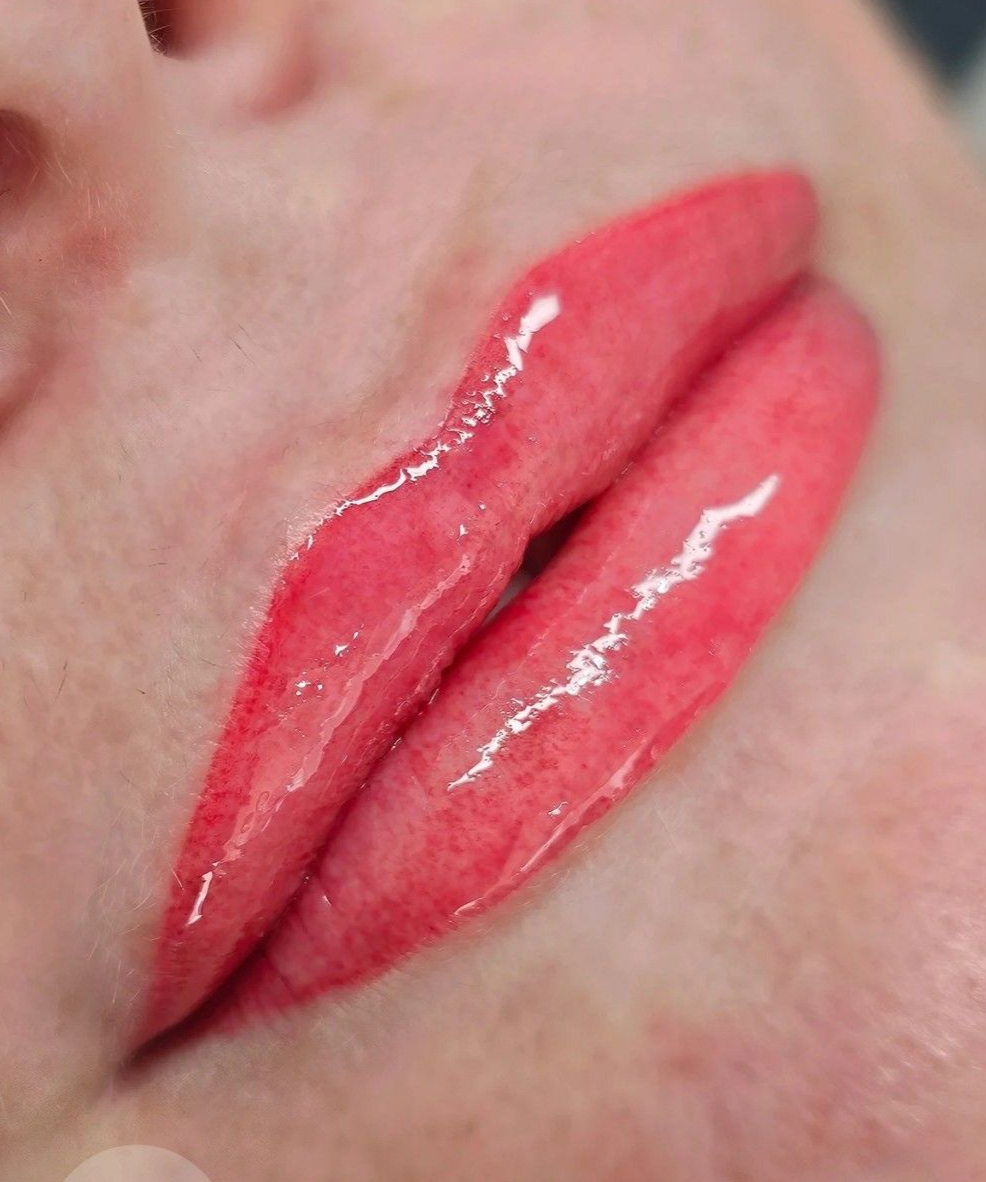Close-up of Pink Lipstick-covered Lips Slightly Parted, Revealing Teeth — On Point Cosmetic Tattoo Studio In Buderim, QLD