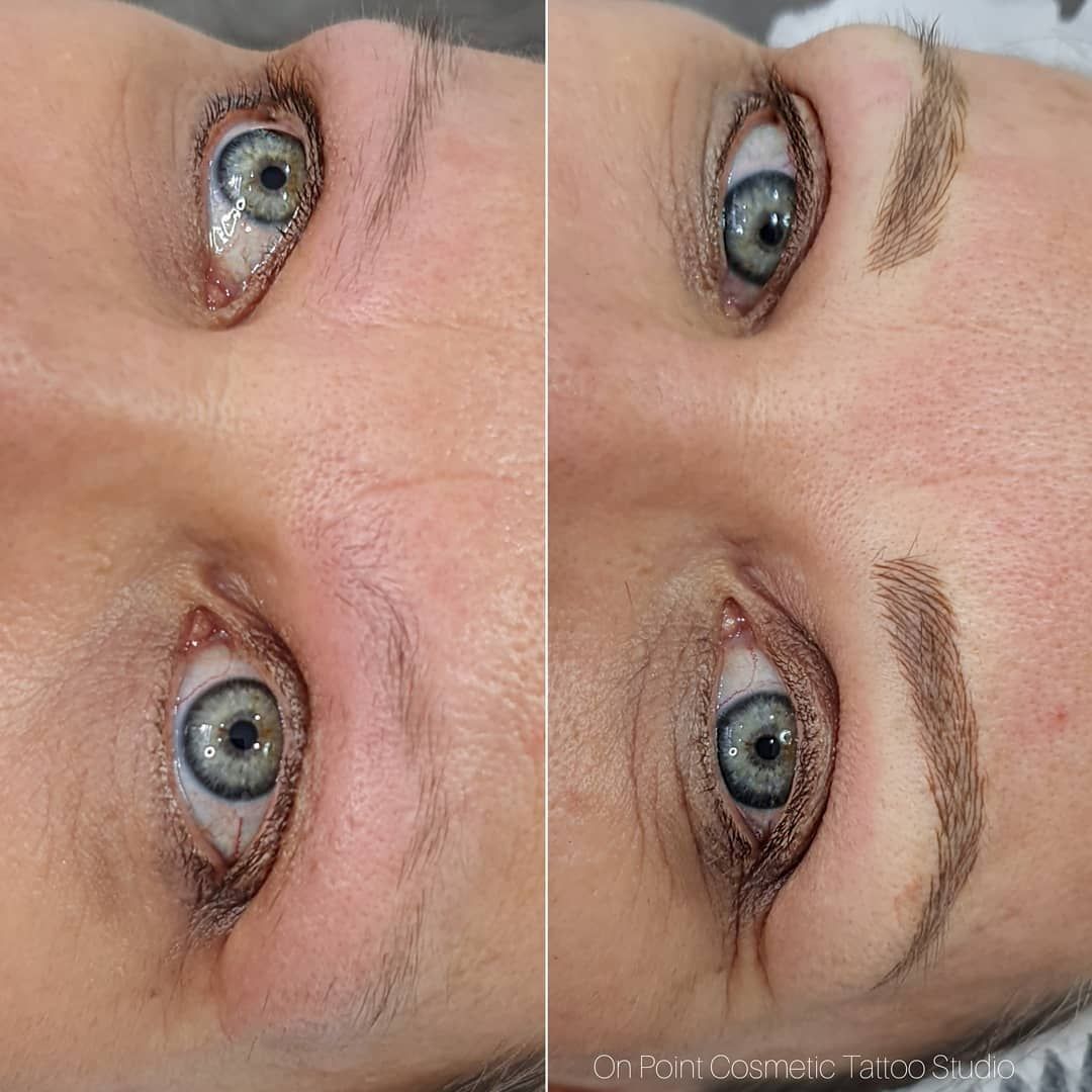 Before and After View of a Person's Eyes, Showing a Change in Eyebrow Shape and Color — On Point Cosmetic Tattoo Studio In Buderim, QLD