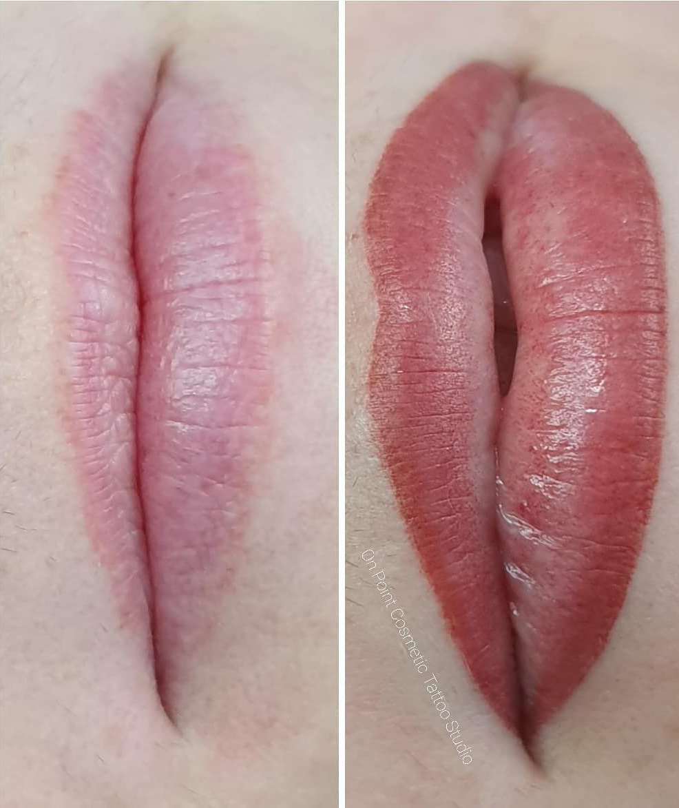 Two Images Side-by-side, Depicting Lips Before and After Lip Blushing — On Point Cosmetic Tattoo Studio In Buderim, QLD