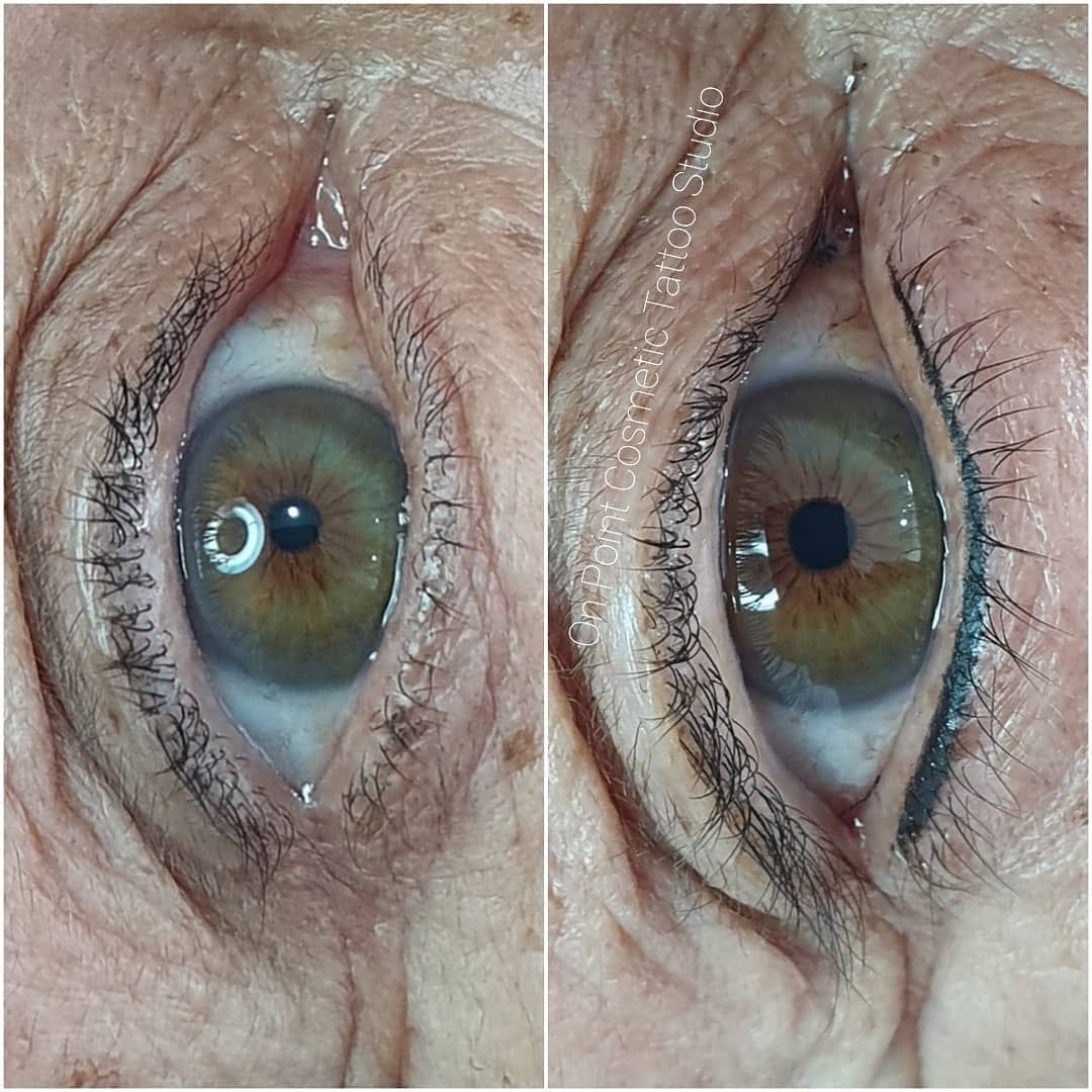 Two Close-up Views of an Eye: Before and After Eyeliner Application — On Point Cosmetic Tattoo Studio In Buderim, QLD