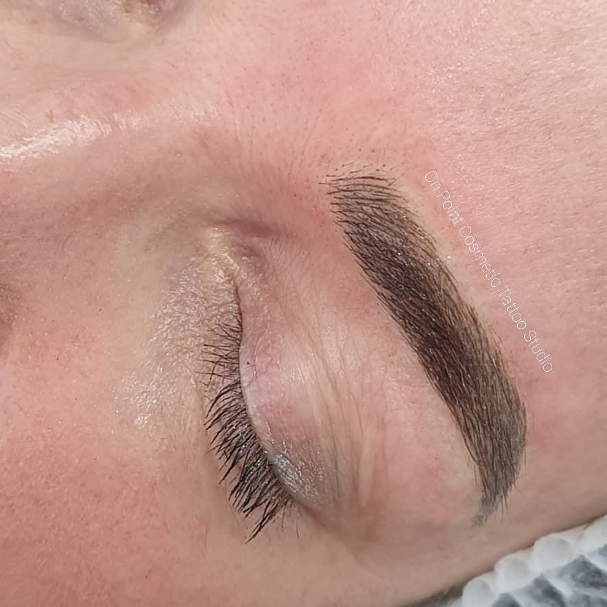 Close-up of a Person's Eye With Semi-permanent Eyebrow Makeup. Dark Brown Color, Lashes, and Smooth Skin — On Point Cosmetic Tattoo Studio In Buderim, QLD