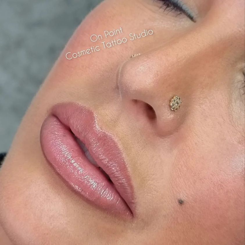 Close-up of a Person's Face With Cosmetic Tattooed Lips in a Light Pink Hue, and a Nose Piercing — On Point Cosmetic Tattoo Studio In Buderim, QLD