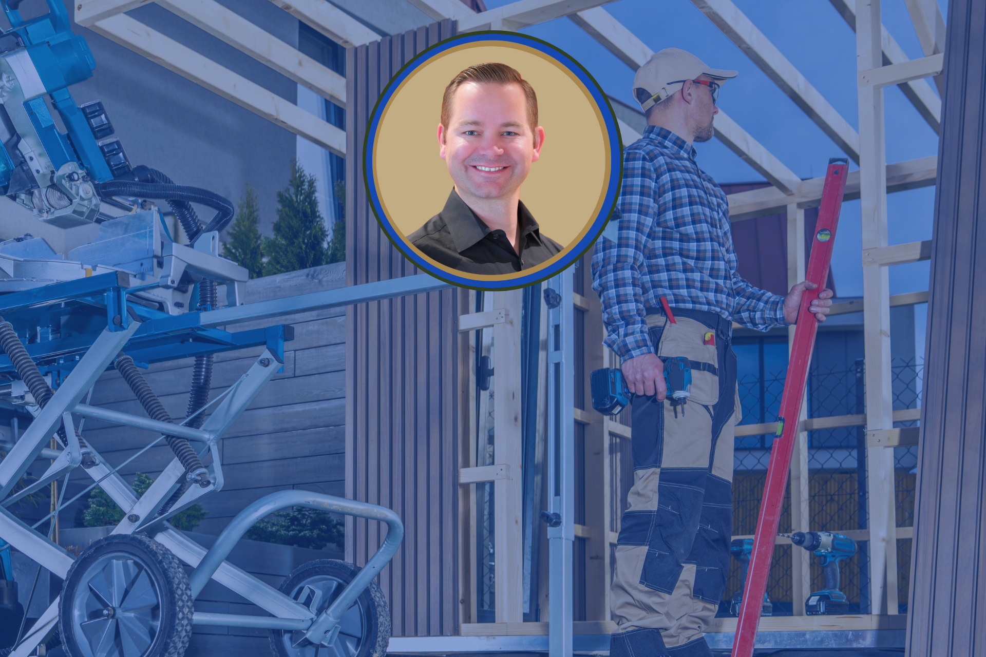 man in blue plaid shirt and beige cap measuring plywood framing of partially constructed house