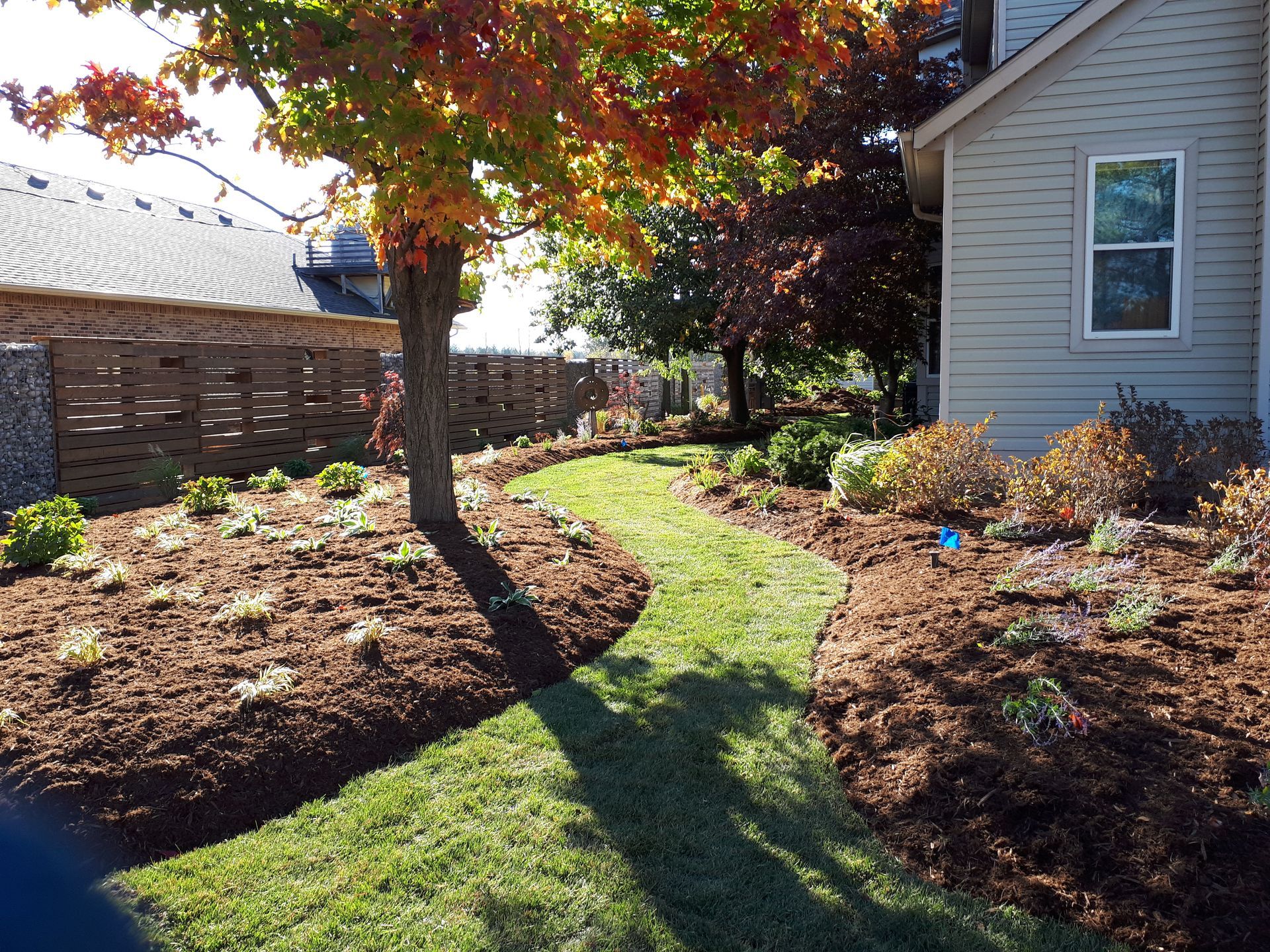 A curving grass path winds through a landscaped yard with mulch beds, a large tree, and a suburban house.