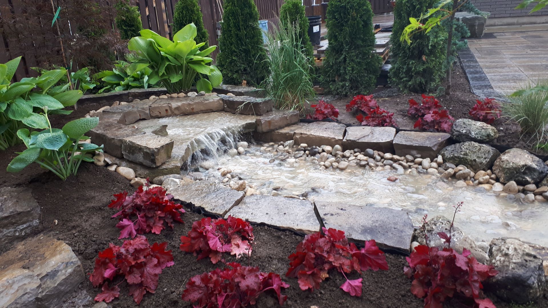 A tiered stone waterfall flows into a shallow stream, surrounded by dark red heuchera plants and green shrubs in a garden.