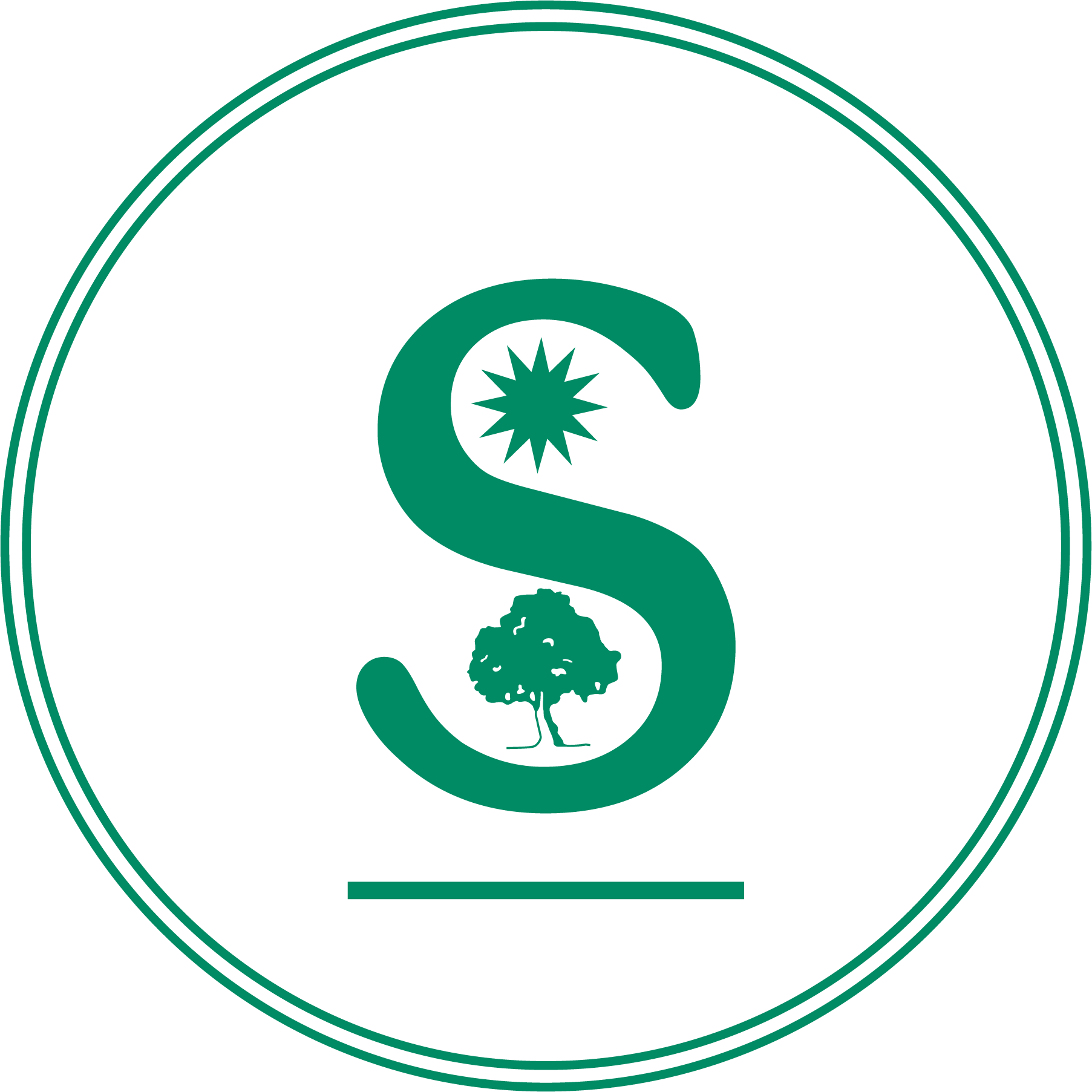 A green letter S logo featuring a starburst and a tree silhouette inside, centered within a double-lined green circle.