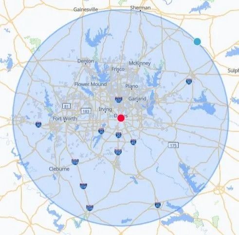 Map centered on Dallas-Fort Worth with a large blue radius circle and a red location marker.