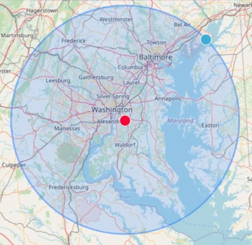 Map of Maryland and Washington, DC with red and blue location markers and a large blue radius circle