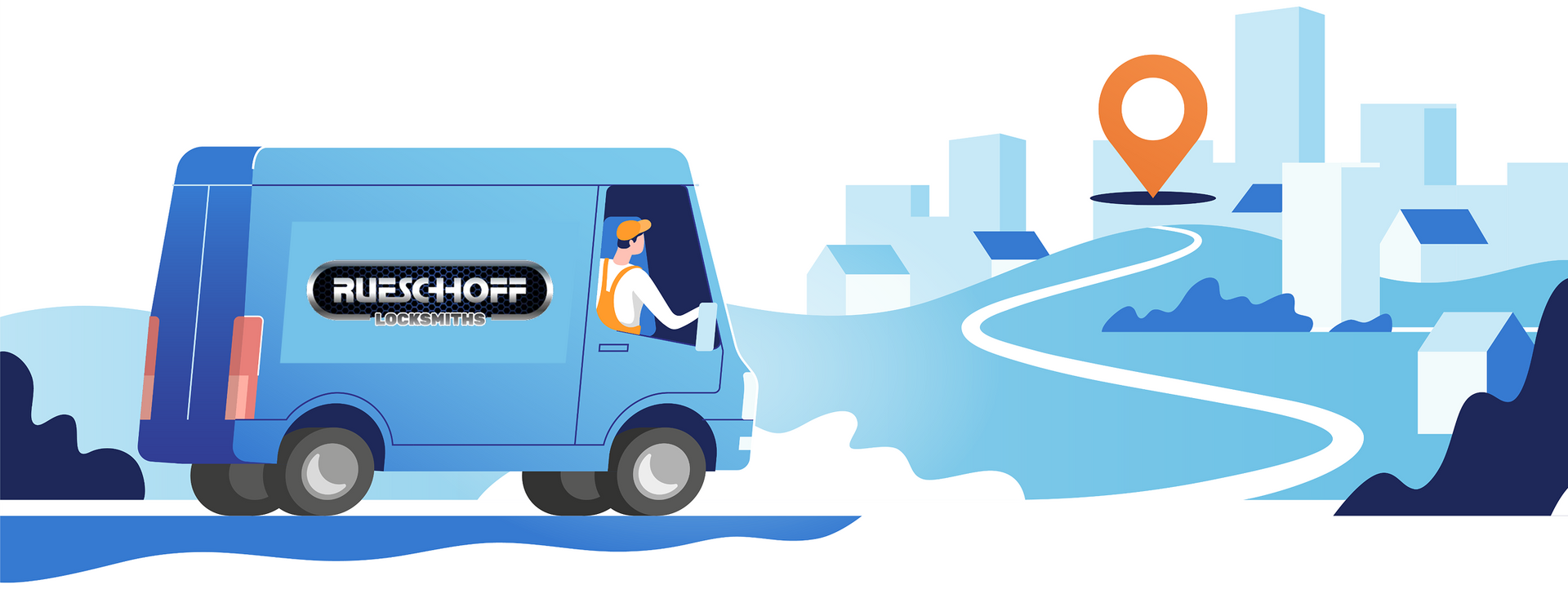 Infographic with illustrated van with Rueschhoff Locksmiths logo that is driving to another location.