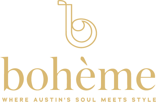 Gold “bohème” logo with stylized b icon and tagline “WHERE AUSTIN’S SOUL MEETS STYLE”