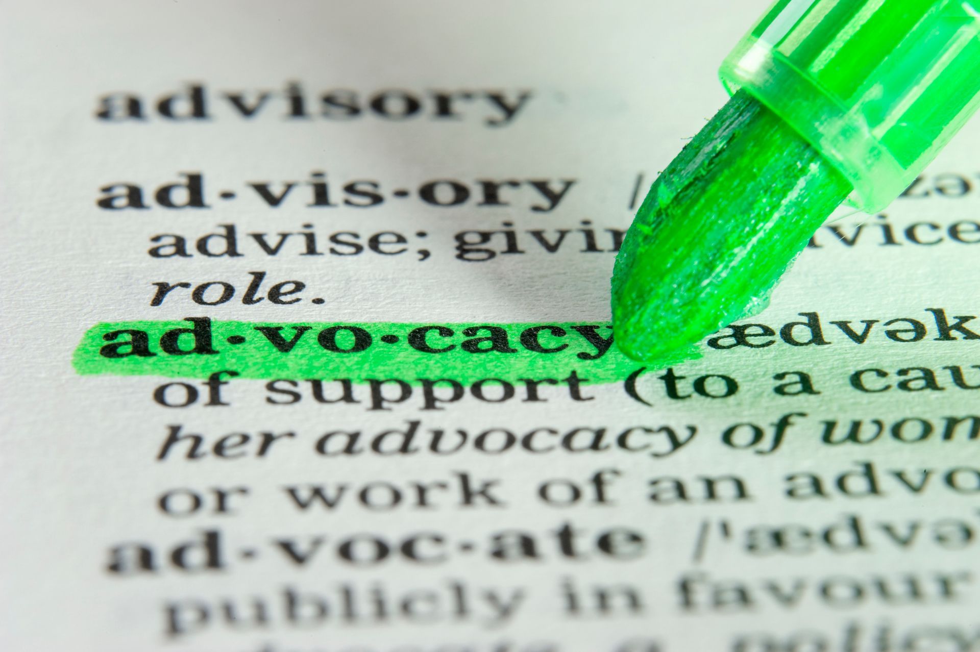 green highlighter highlighting the definition of advocayc