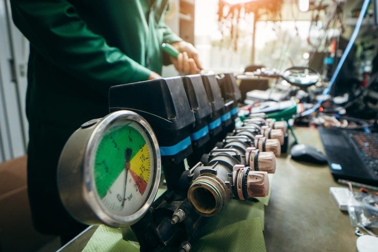 A person in a green uniform works on plumbing equipment with a gauge, copper fittings, and other parts on a workbench.