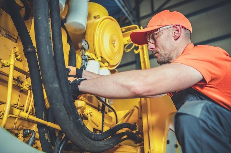 Mechanic in orange shirt and hat works on yellow machinery.